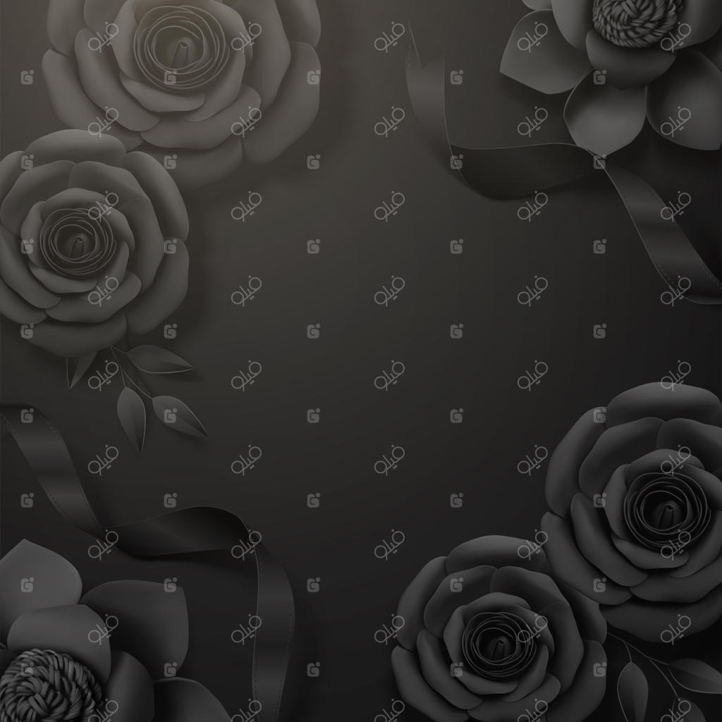 پس‌زمینه سه‌بعدی با گل‌های رز سیاه و قاب روبانی