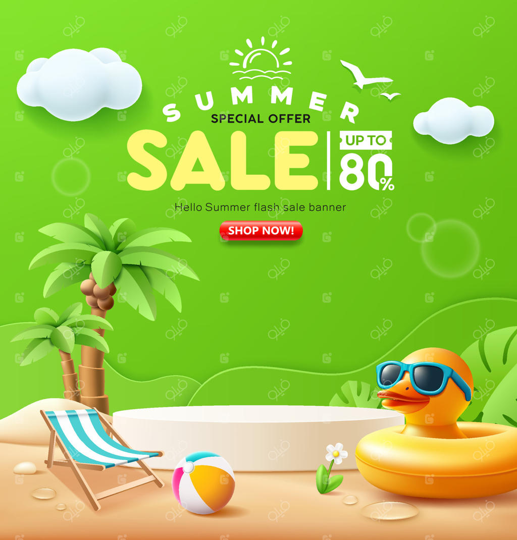 فروش ویژه تابستان، حلقه بادی زرد طرح اردک، درخت نارگیل، تخت ساحلی، طراحی پوستر در ساحل شنی و پس‌زمینه سبز