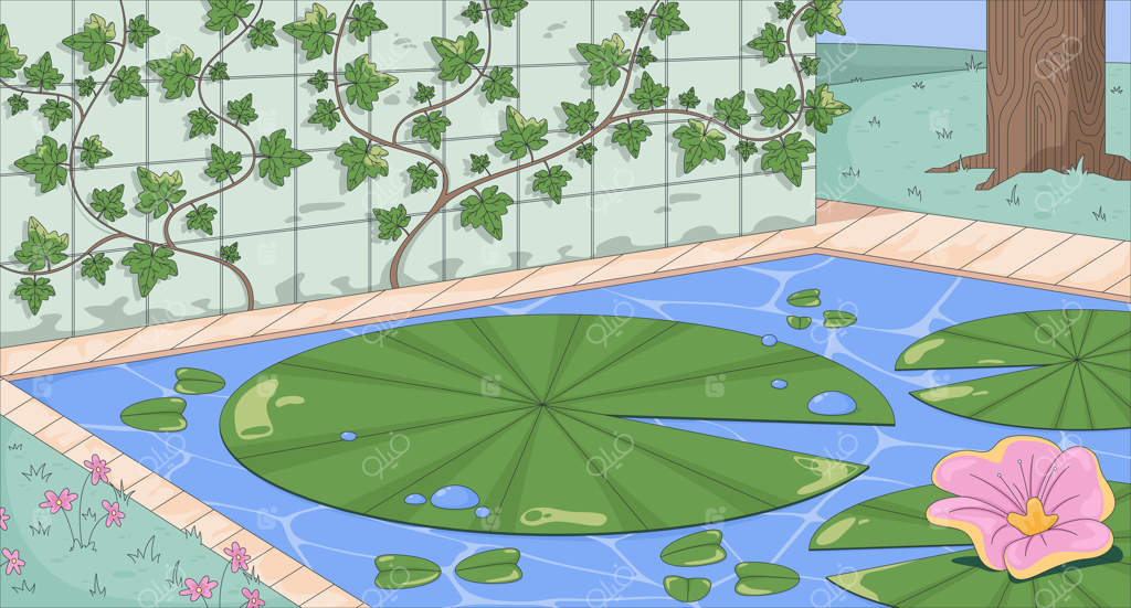 پس‌زمینه‌ ای تخت به سبک لوتی پد و گل نیلوفر در برکه‌ی ساده. باغچه‌ای با آب در حال شکوفا شدن. نیلوفر آبی و پیچک‌ها روی دیوار. تصویر هنری کارتونی رنگارنگ.