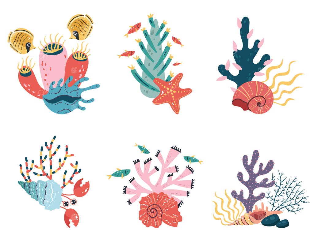 مجموعه طرح های خطی دست ساز از گیاهان دریایی صخره‌های مرجانی و جلبک‌های اقیانوس گرمسیری