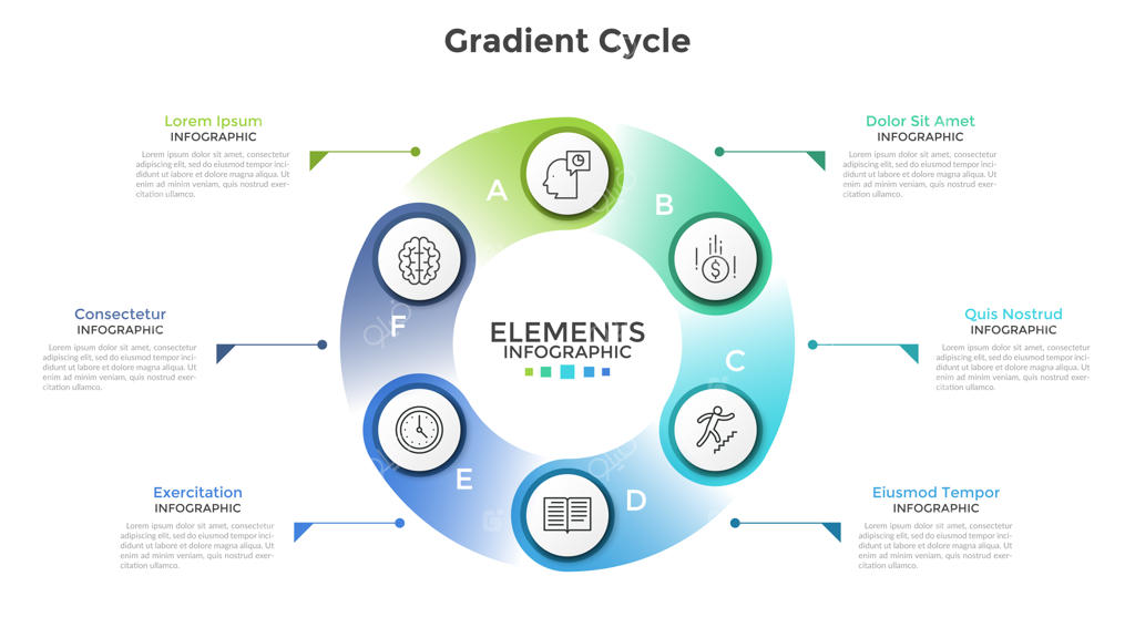 نمودار حلقه‌ای با ۶ عنصر دایره‌ای سفید، آیکون‌های خطی و حروف برای نوشتار. مفهوم فرآیند چرخه‌ای با شش مرحله. طراحی خلاقانه اینفوگرافیک. تصویر برداری.