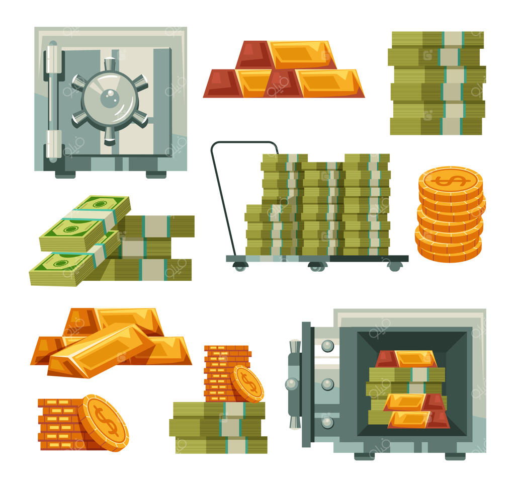 مجموعه‌ای از گاوصندوق‌های بسته و باز آهنی پر از پول: مفهومی از خزانه بانک