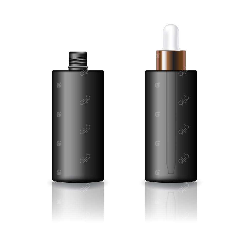 قالب محصول بطری لوازم آرایشی استوانه‌ای مشکی با درپوش قطره‌چکان سفید-مسی.