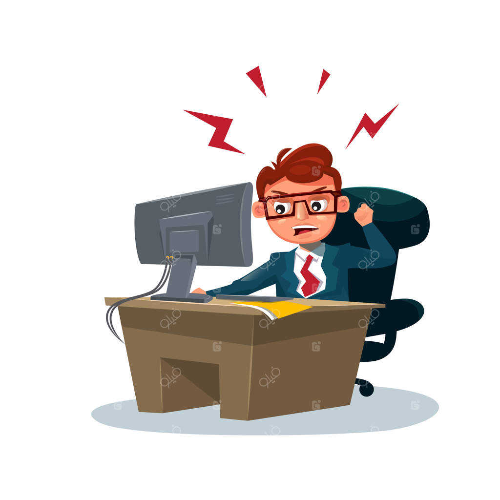 تاجر عصبانی پشت میز کار در دفتر مشغول کار با کامپیوتر