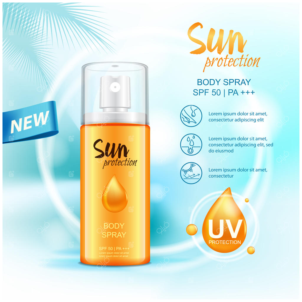 محصولات آرایشی محافظت‌کننده از آفتاب، اسپری مراقبت از پوست. تصویرسازی برای مجلات یا تبلیغات