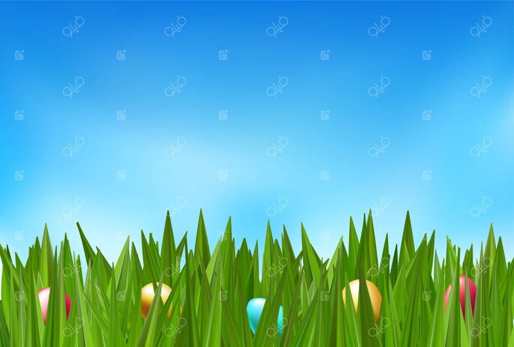 سبد تخم‌مرغ طلایی عید پاک در میدان سبز علف. پس‌زمینه عید و بهار با رندر سه‌بعدی. جستجوی شکلات در دشت شاد با تزئینات بنر. طراحی کارت آسمان آخر هفته. مفهوم هدیه باغ در روز آفتابی.