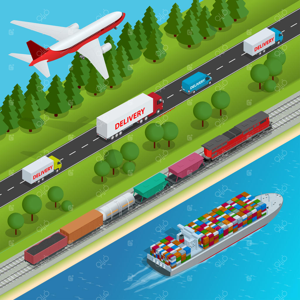 شبکه جهانی لجستیک مجموعه‌ای از تصویرهای طراحی شده برای هوایی، باربری کامیونی، حمل و نقل ریلی، حمل و نقل دریایی و تحویل به موقع بارهای بزرگ چینی.