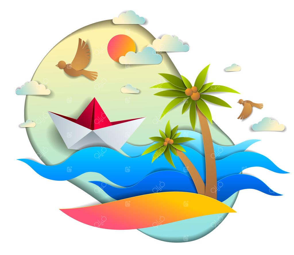 قایق کاغذی اوریگامی شناور در میان امواج اقیانوس در کنار ساحل و نخل‌ها، تصویر زیبای منظره دریایی با قایق اسباب‌بازی در دریا و پرندگان در آسمان. سفر آبی، تعطیلات تابستانی.