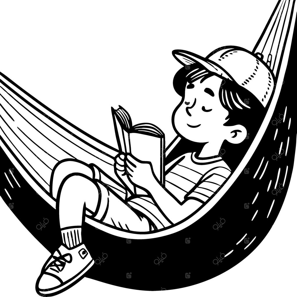 طرح رنگ‌آمیزی پسر در حال استراحت و کتاب‌خوانی روی ننو در فضای باز تابستانی