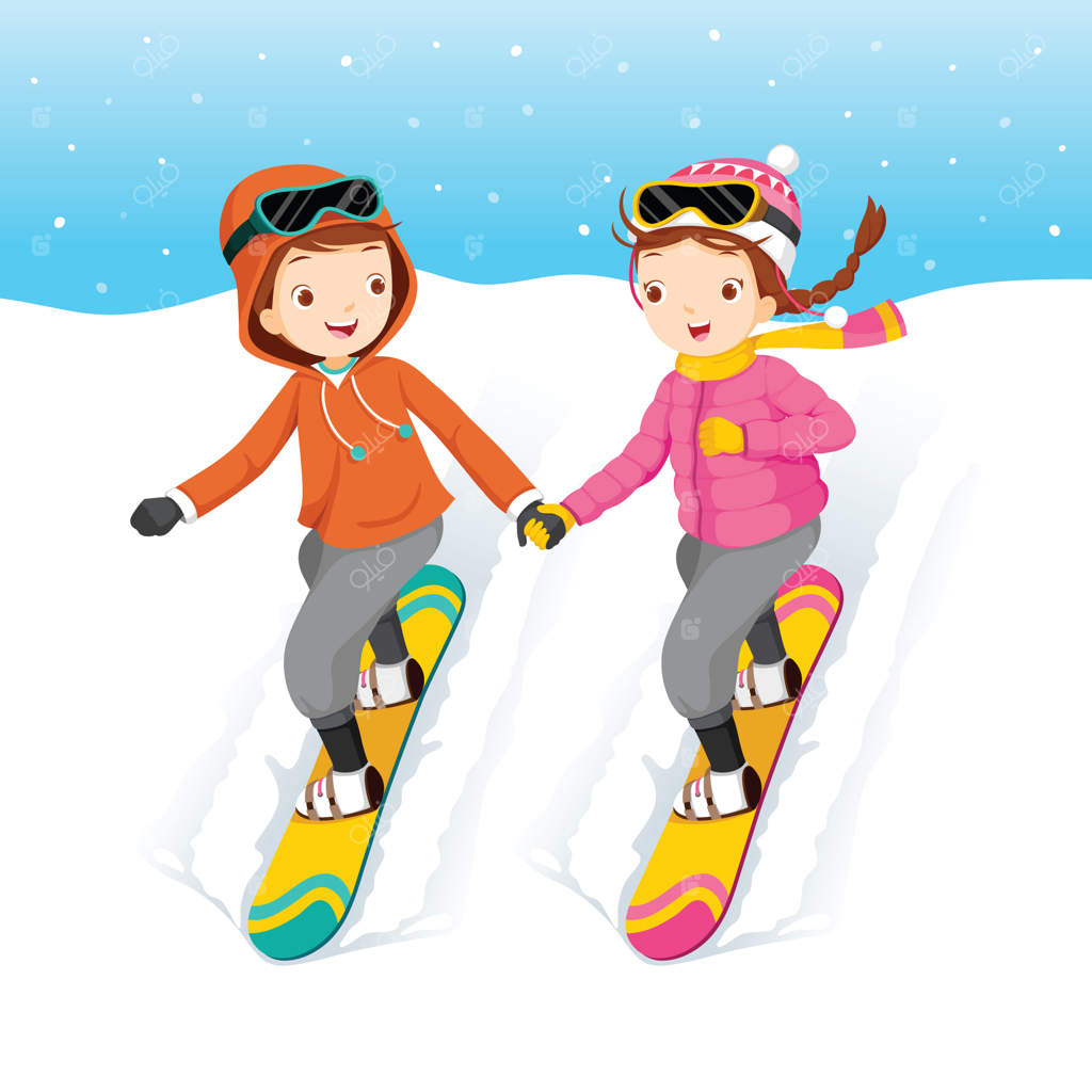 پسر و دختر اسنوبورد سوار، دست در دست هم، بارش برف، فصل زمستان