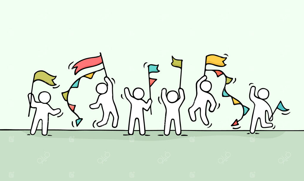 طرحی از جمعیت کوچک آدم‌ها: صحنه‌ای مینیاتوری و زیبا از کارگرانی با پرچم‌ها. نقاشی دستی کارتونی برای پروژه‌های تجاری و جشن‌ها.