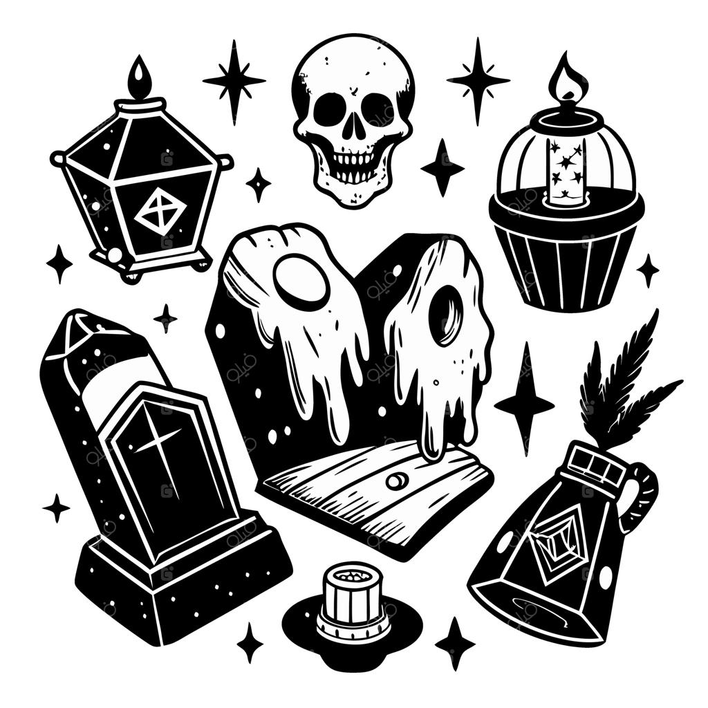 تصویرسازی‌های سیاه و سفید و وهم‌انگیز از نمادهای هالووین و اشیاء گوتیک