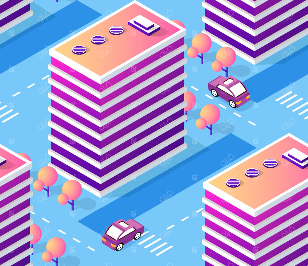 چشم‌انداز شهری پرجنب‌وجوش با ساختمان‌ها و وسایل نقلیه مدرن - وکتور حرفه‌ای