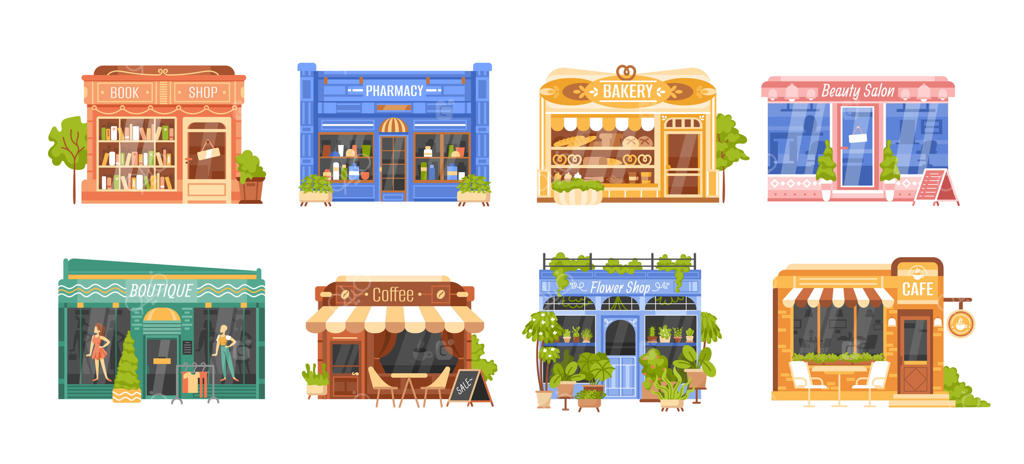 فروشگاه کارتونی: نمای بیرونی مغازه‌ها. ساختمان‌های محلی: خواربارفروشی، نانوایی، کافه، بوتیک، گل‌فروشی، کتاب‌فروشی، داروخانه، کافی‌شاپ، سالن زیبایی. مجموعه‌ای از جبهه‌ی سوپرمارکت‌ها.