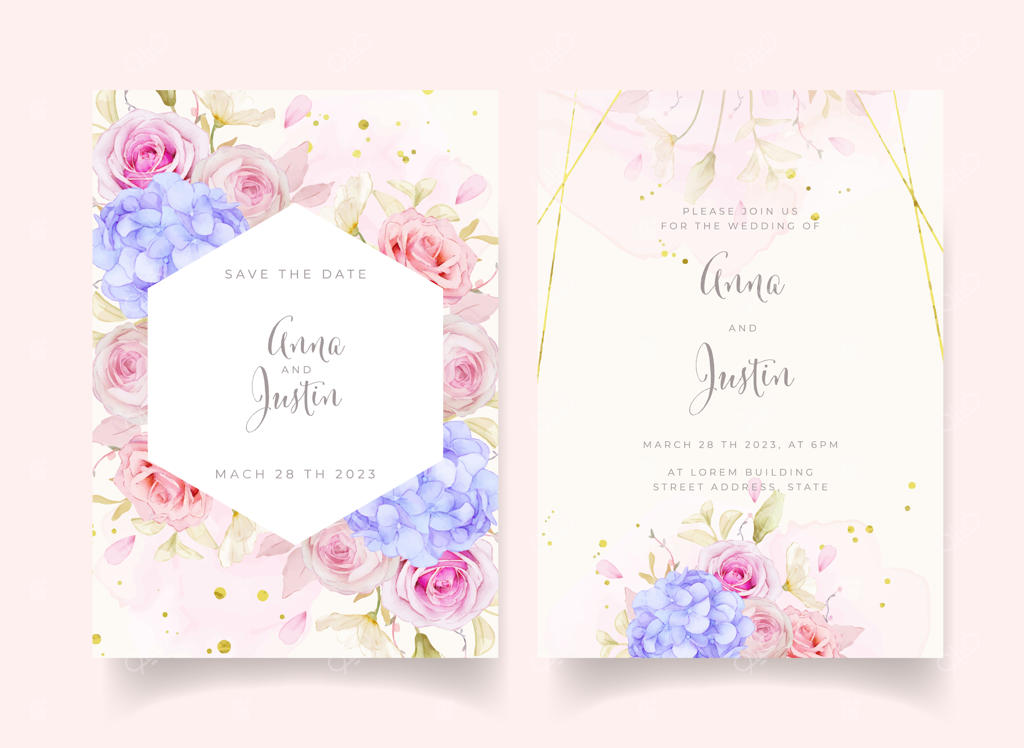 دعوتنامه عروسی با گل‌های رز آبرنگی و گل‌های ادریسی آبی