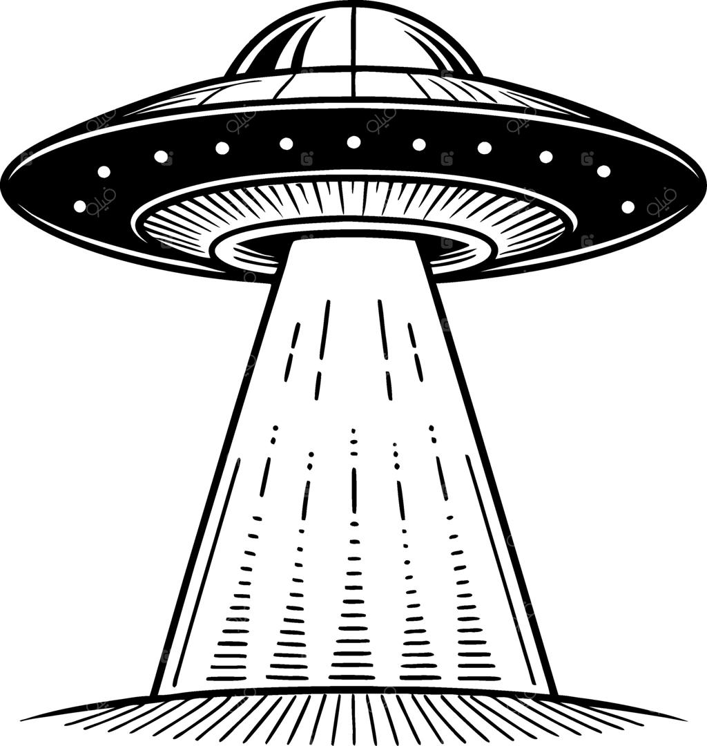 تصویرسازی کلاسیک بشقاب‌پرنده و پرتو نور برای هنر علمی-تخیلی و طراحی تتو