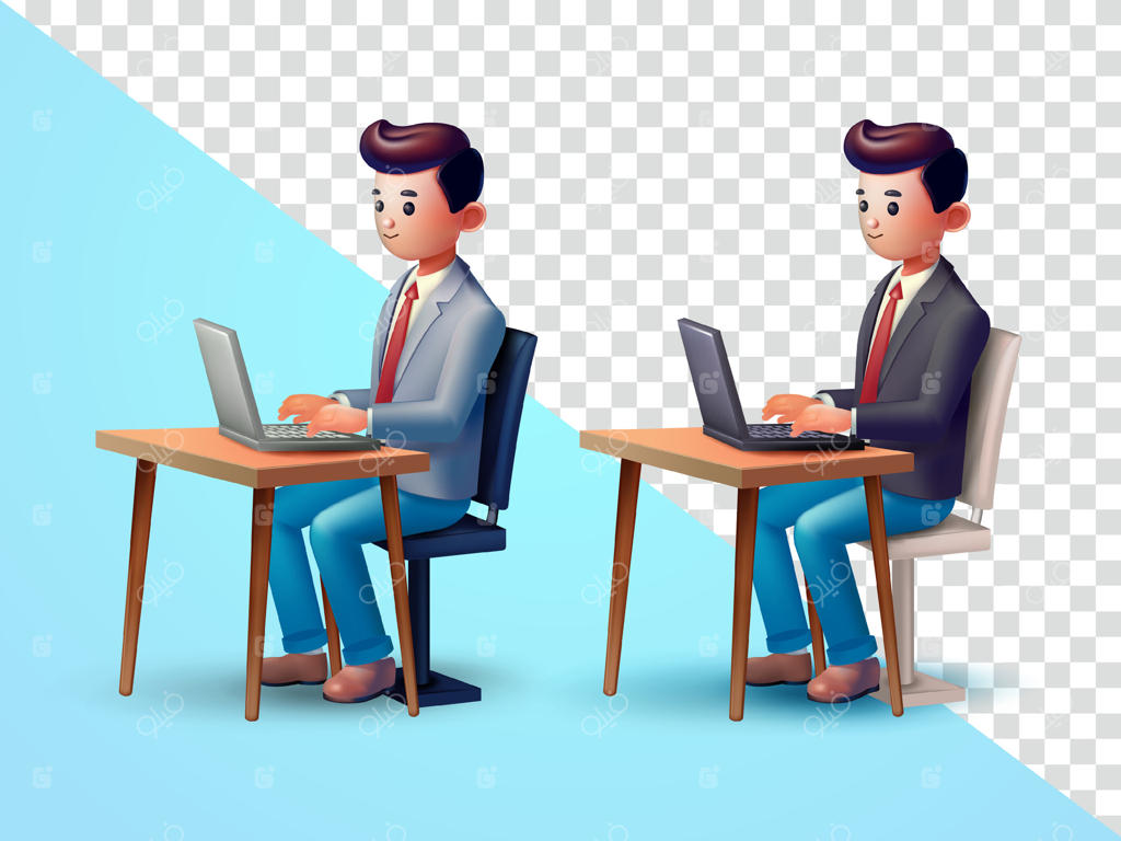 مردی در دفتر کار، نشسته و مشغول کار با لپ‌تاپ - طراحی سه‌بعدی، مناسب برای کسب‌وکار، شغل و عناصر طراحی