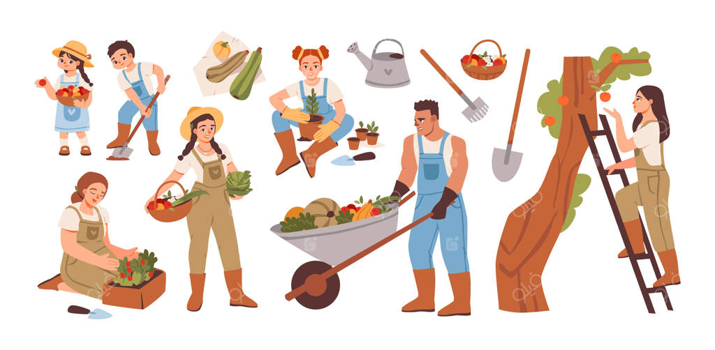 بهار و باغبانی خانوادگی: مجموعه‌ای از کارگران کشاورزی. زندگی روستایی، ابزارهای برداشت و محصولات ارگانیک. مردمی در باغ. تصاویر تخت و مستقل بر روی زمینه سفید.