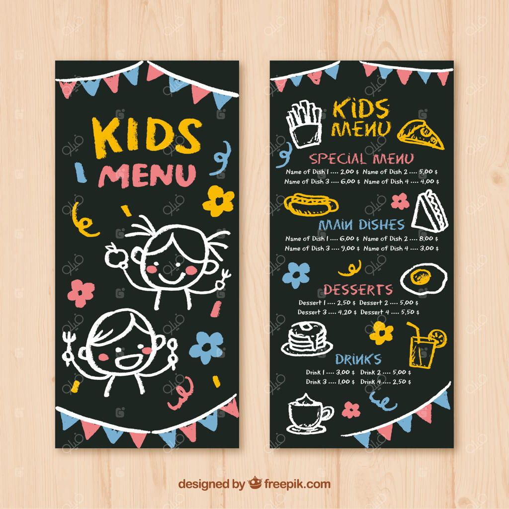 منوی بچه‌ها با تزئینات زرد و حلقه‌های گل