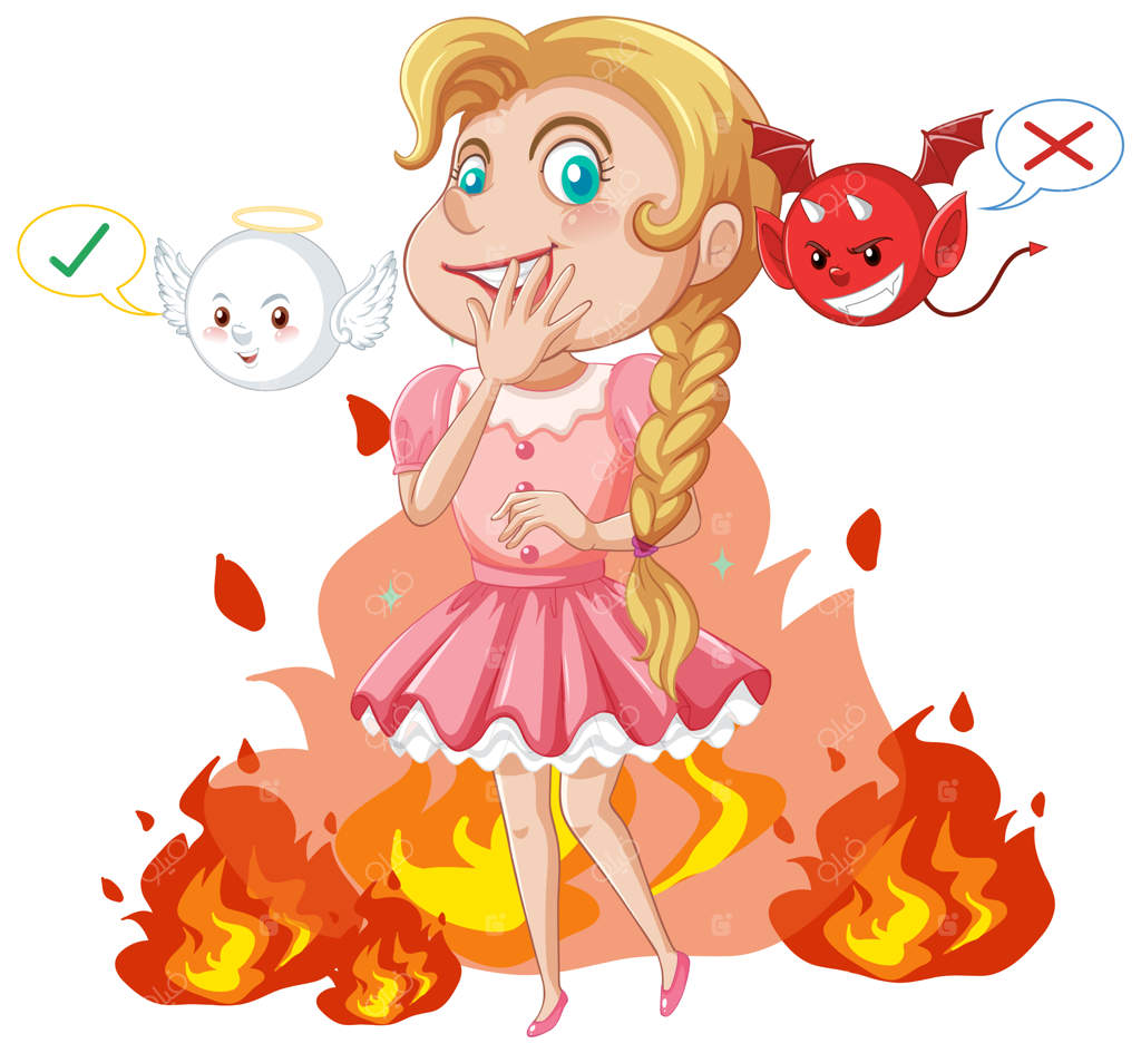 شخصیت کارتونی با فرشته و شیطان در حال نبرد در ذهنش