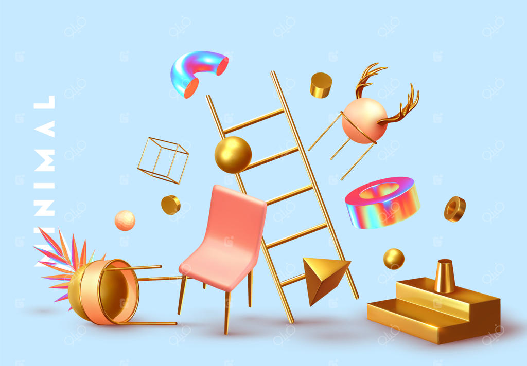 پس‌زمینه انتزاعی با اشیاء سه‌بعدی: اشکال هندسی واقعی و عناصر طراحی از پلاستیک و فلز. تصویر برداری.