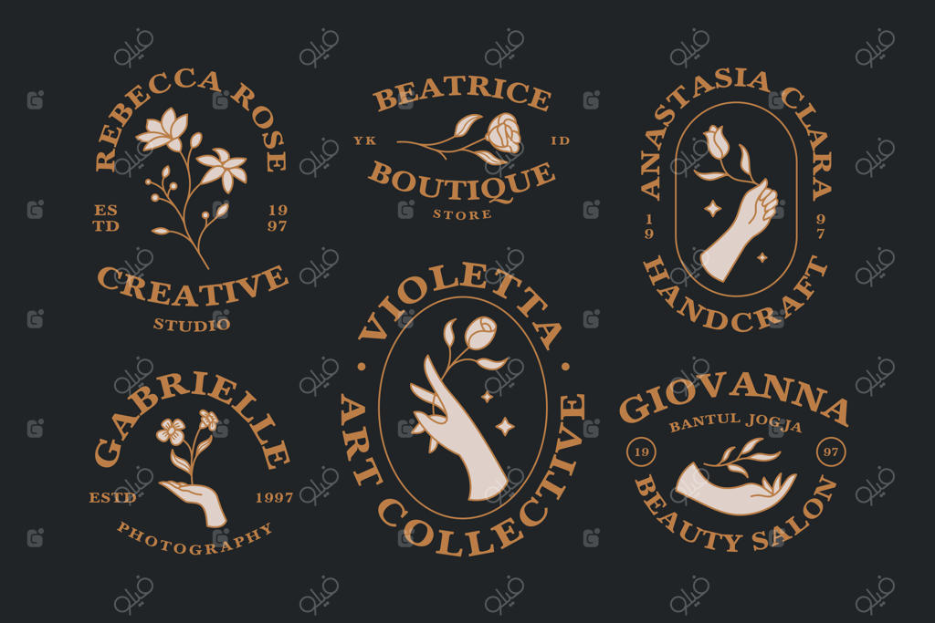 مجموعه لوگوهای دست زنانه و گل قدیمی دست‌ساز با امکان ویرایش متن