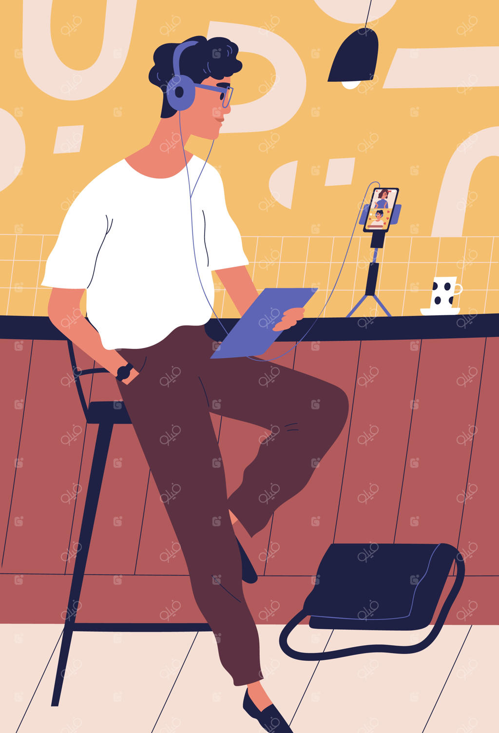 پسر مدرن با هدفون در حال استفاده از گوشی هنگام پخش زنده - تصویرسازی تخت وکتور. بلاگر مرد در حال پخش در شبکه‌های اجتماعی. مرد سخنران در حال ارتباط با دنبال‌کنندگان در استودیو.