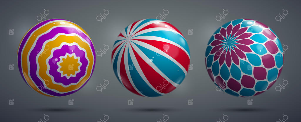 مجموعه گوی‌های برداری براق و واقع‌گرایانه با الگو، عناصر طراحی گرافیکی جذاب و انتزاعی.