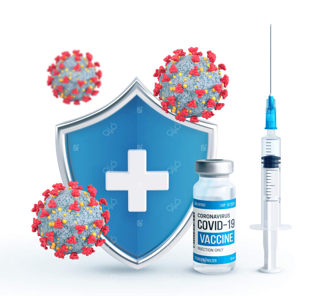 مفهوم واکسیناسیون: کمپین ایمن‌سازی. تزریق واکسن. مراقبت و حفاظت سلامت. سرنگ با سپر محافظ شیشه واکسن و ویروس‌ها. درمان پزشکی. تصویرسازی واقعی وکتور.