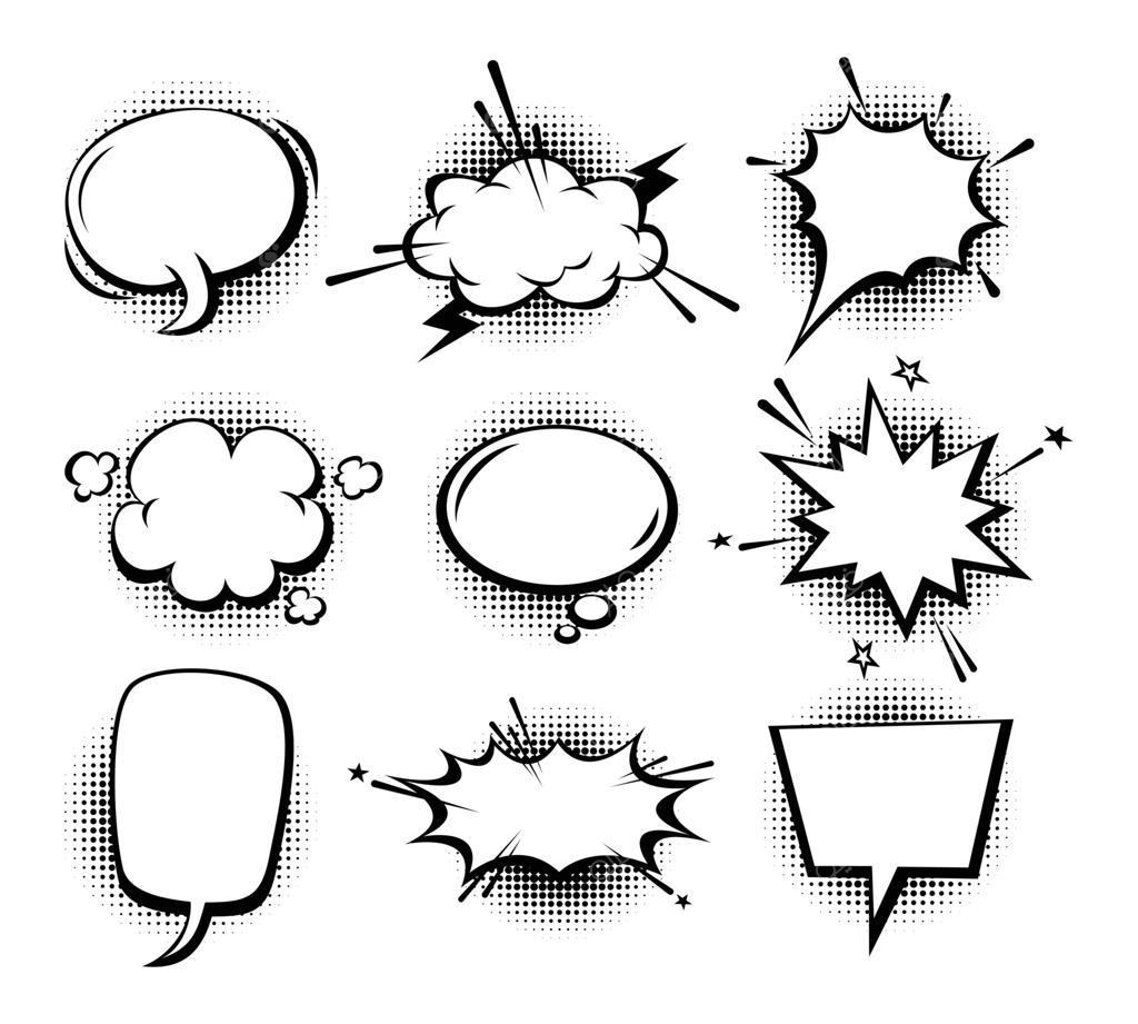 تنوع حباب‌های کمیک و ابرهای گفت‌وگو سیاه و سفید با المان‌های نیم‌تُن. تصویرسازی کارتونی