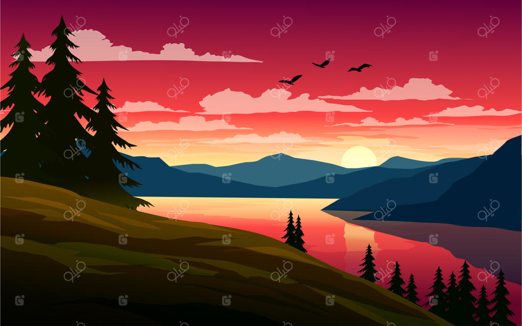 غروب دل‌انگیز دریاچه با تپه‌ها و درختان کاج