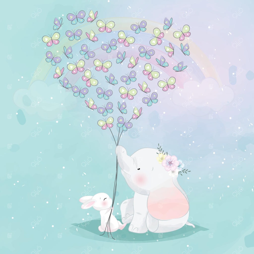 فیل و خرگوش بامزه با پروانه‌هایی به شکل قلب