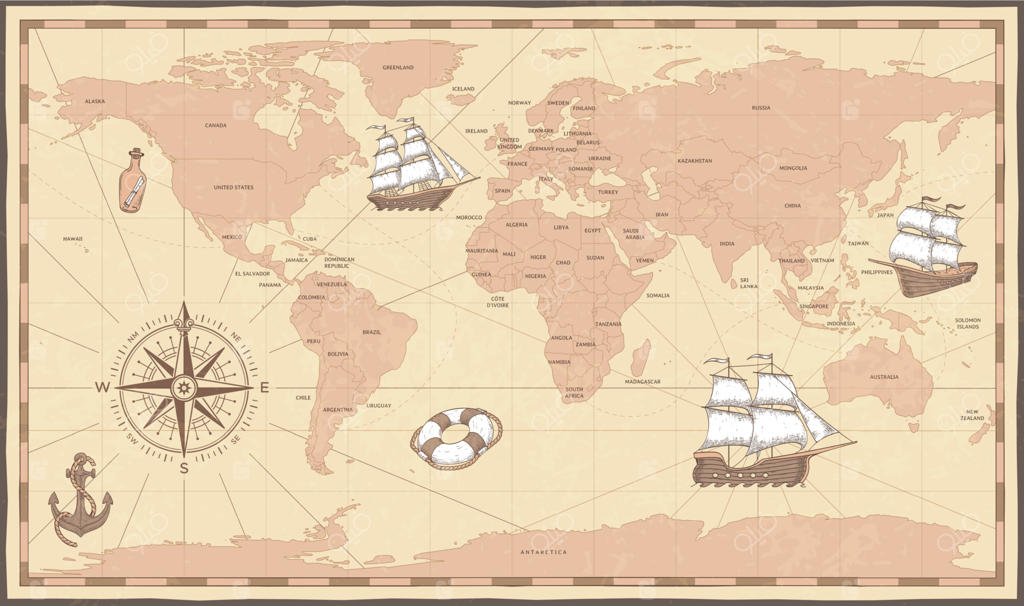 نقشه جهان قدیمی: قطب‌نمای عتیقه و کشتی کلاسیک روی نقشه دریایی باستانی. تصویر برداری مرز‌های کشورهای کهن