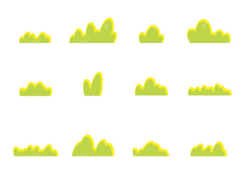 مجموعه‌ای از آیکون‌های بته یا چمن سبز به سبک کارتونی: تصویرسازی ساده برای بوته‌های باغ روی زمینه سفید.