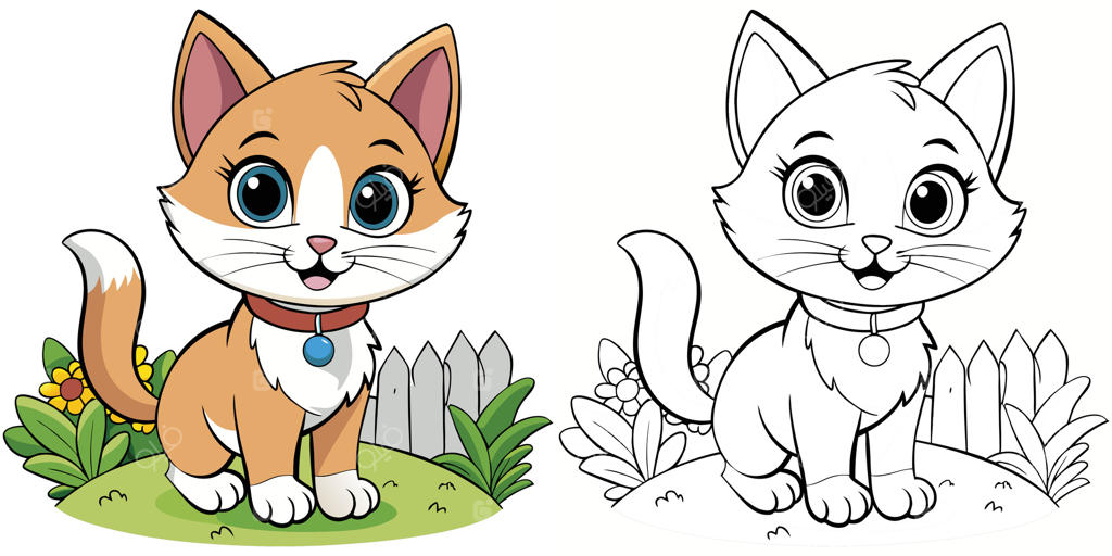 کتاب رنگ آمیزی بچه گربه بامزه برای کودکان - قابل چاپ. طرح کارتونی گربه کوچک در باغ. تصویرسازی کارتونی حیوانات