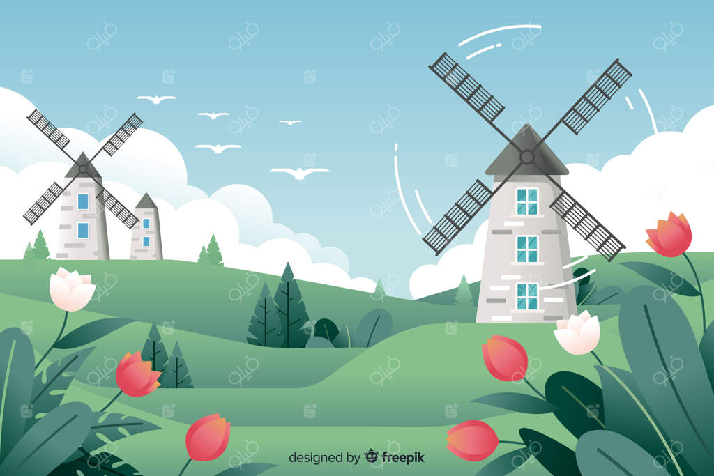 منظره طبیعی هموار با آسیاب‌ها