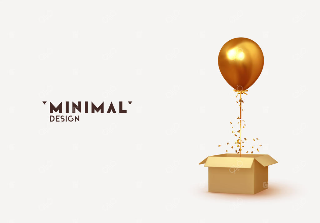 بادکنک طلایی با جعبه و انفجار کاغذ رنگی. طراحی واقعی جعبه کارتن باز با بادکنک هلیومی. جشن تولد، پوستر، بنر سالگرد مبارک. شی سه‌بعدی بادکنک وکتور