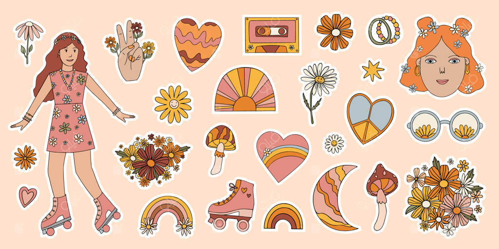 استیکرهای هیپی با عناصر جذاب: مجموعه وکتور استایل وینتیج شامل قارچ‌ها، گل‌ها و رنگین‌کمان‌ها
