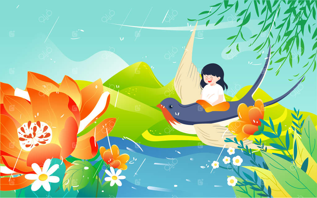 پوستر منظره بهاری با باران دانه‌ریز و پرواز پرستوها