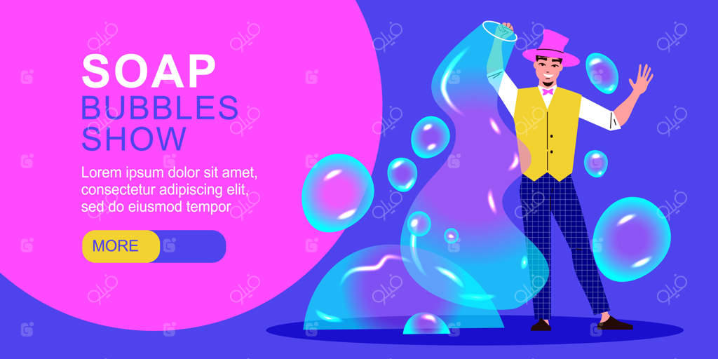 بنر افقی شوینده با تصویر هنرمند در حال ساخت حباب‌های رنگارنگ - تصویرسازی مسطح وکتور