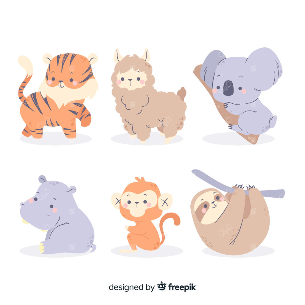 مجموعه حیوانات رنگارنگ با طراحی دستی