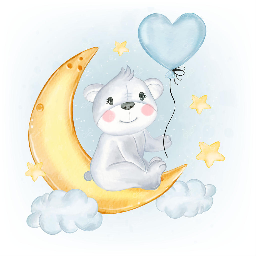 خرس قطبی کوچولو با بادکنک قلبی بر فراز ماه، نقاشی با آب‌رنگ