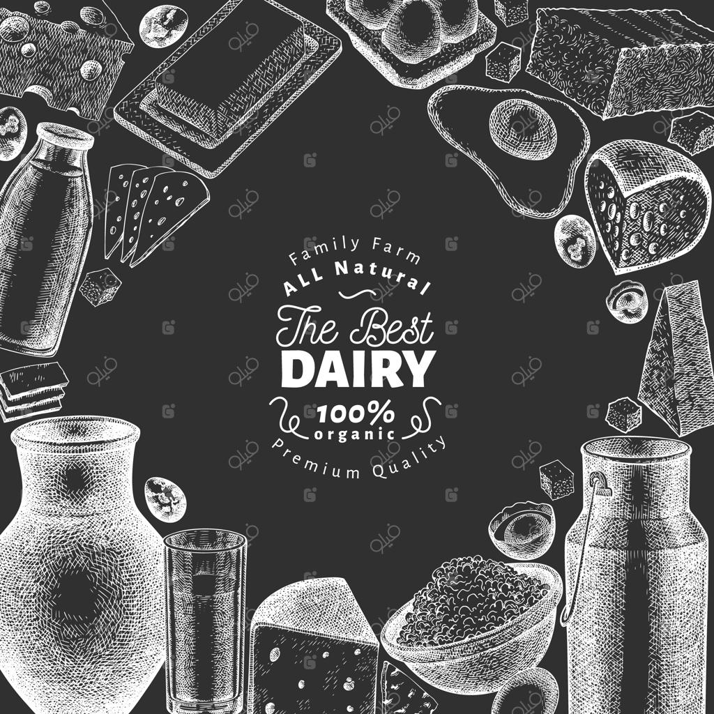 قالب غذاهای کشاورزی: تصویرسازی لبنیات با دست روی تخته گچی. بنر محصولات لبنی و تخم‌مرغ به سبک حکاکی. پس‌زمینه غذایی کلاسیک.