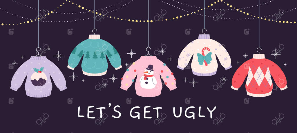 بنر جشن کریسمس با پلیورهای زشت با زنجیره‌های تزئینی - لباس‌های زمستانی خنده‌دار و جسورانه برای تعطیلات