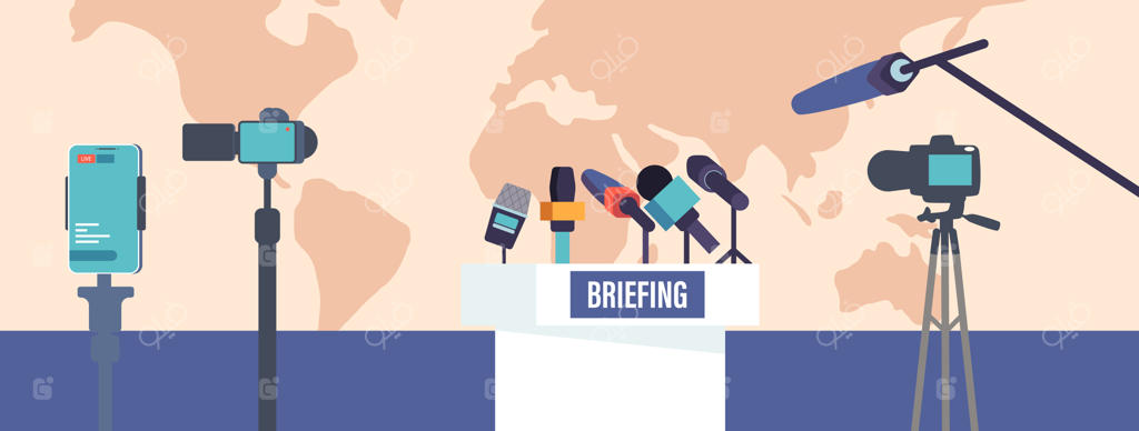 اتاق کنفرانس مطبوعاتی: استودیوی خالی با میکروفون‌ها و دوربین‌ها در پس‌زمینه نقشه جهان