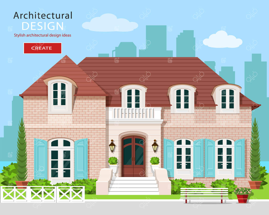 ساختمان بامزه وکتور به سبک تخت با پس‌زمینه شهری.