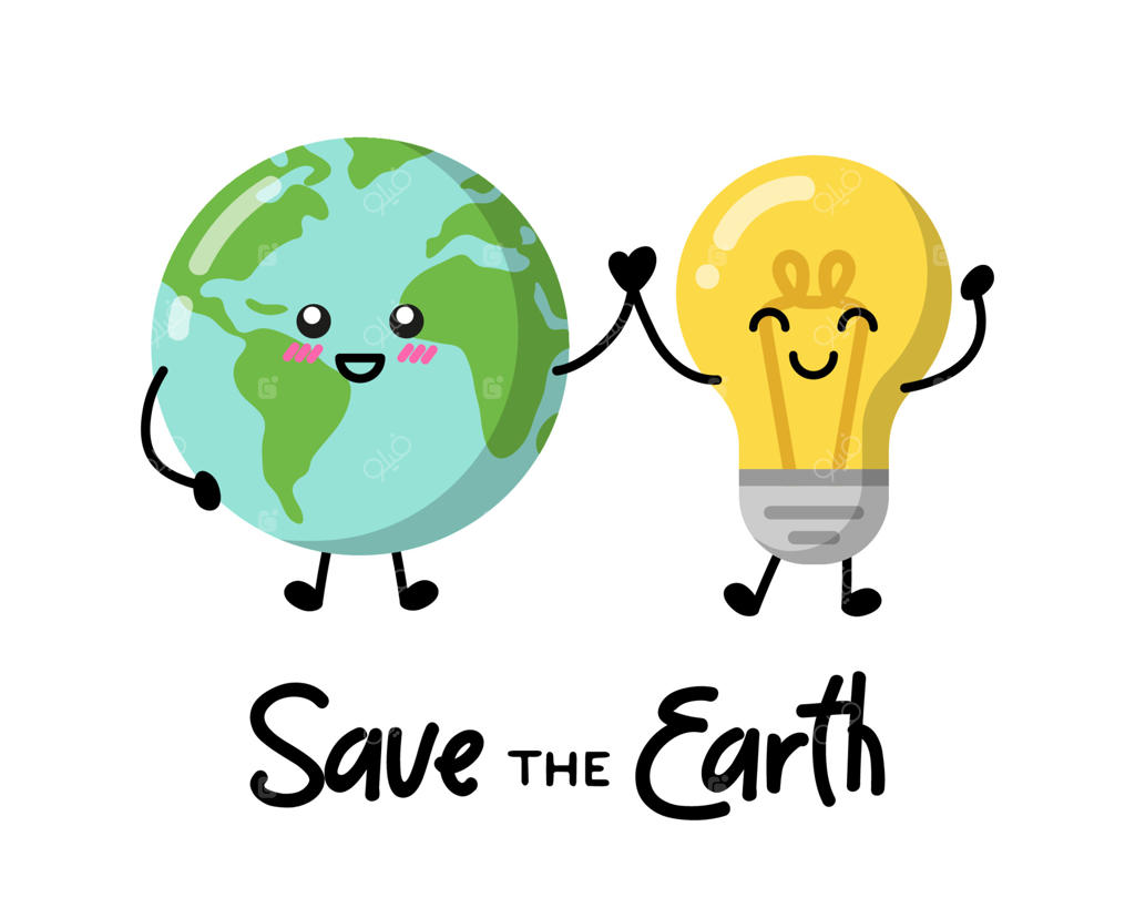 وکتور کاراکتر کارتونی و بامزه کره زمین و لامپ به سبک کاوایی ژاپنی؛ طرح محیط زیستی و انرژی تجدیدپذیر مناسب برای استیکر، بج و پوستر