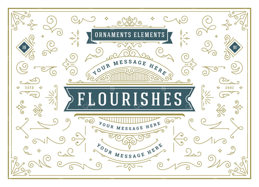 مجموعه‌ای از زیورآلات آنتیک و تزیینات گل‌دار و پیچک‌های خوشنویسی، عناصر طراحی فاخر و شکیل