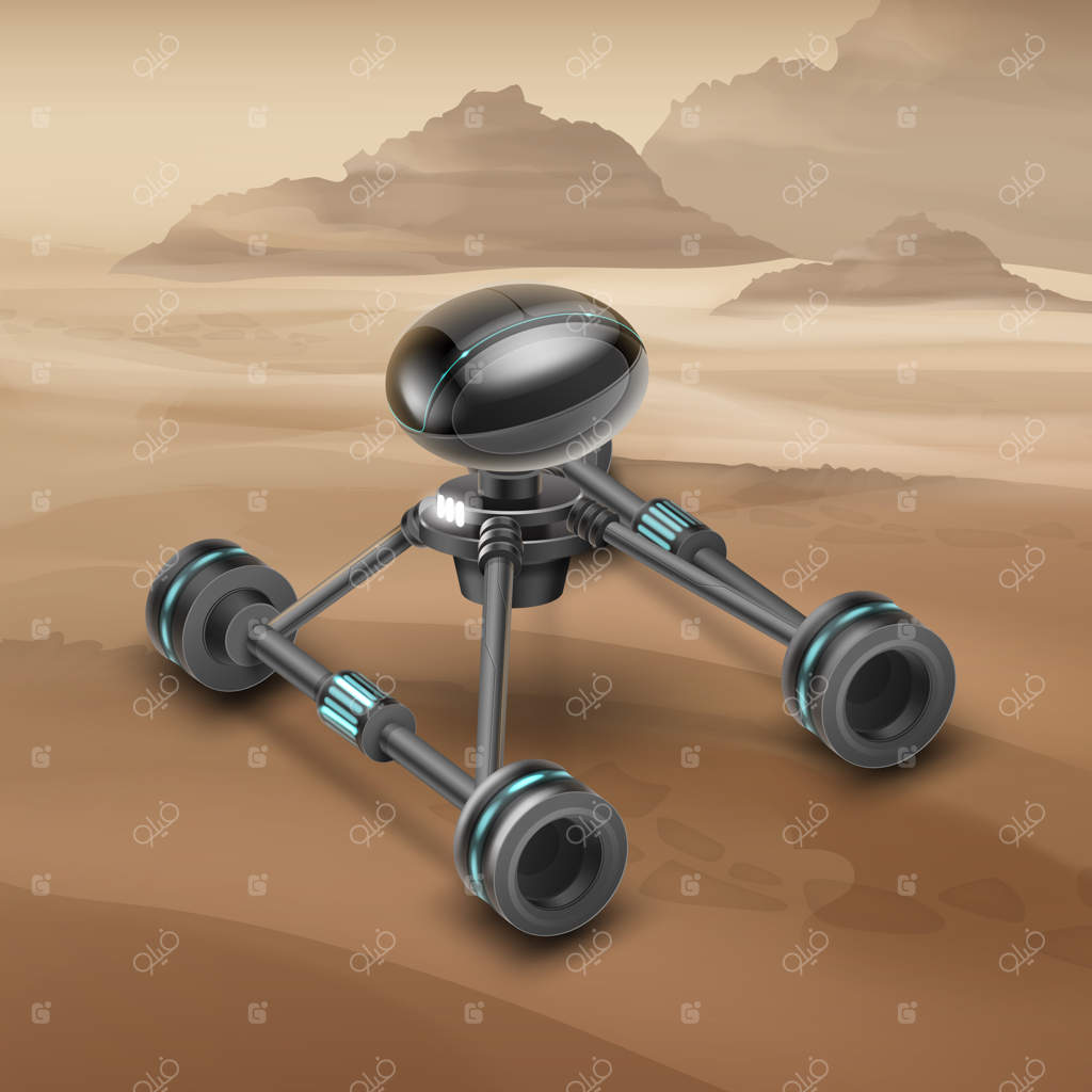 مفهوم خودروی مریخ‌نورد خیالی با پس‌زمینه‌ای از بیابان