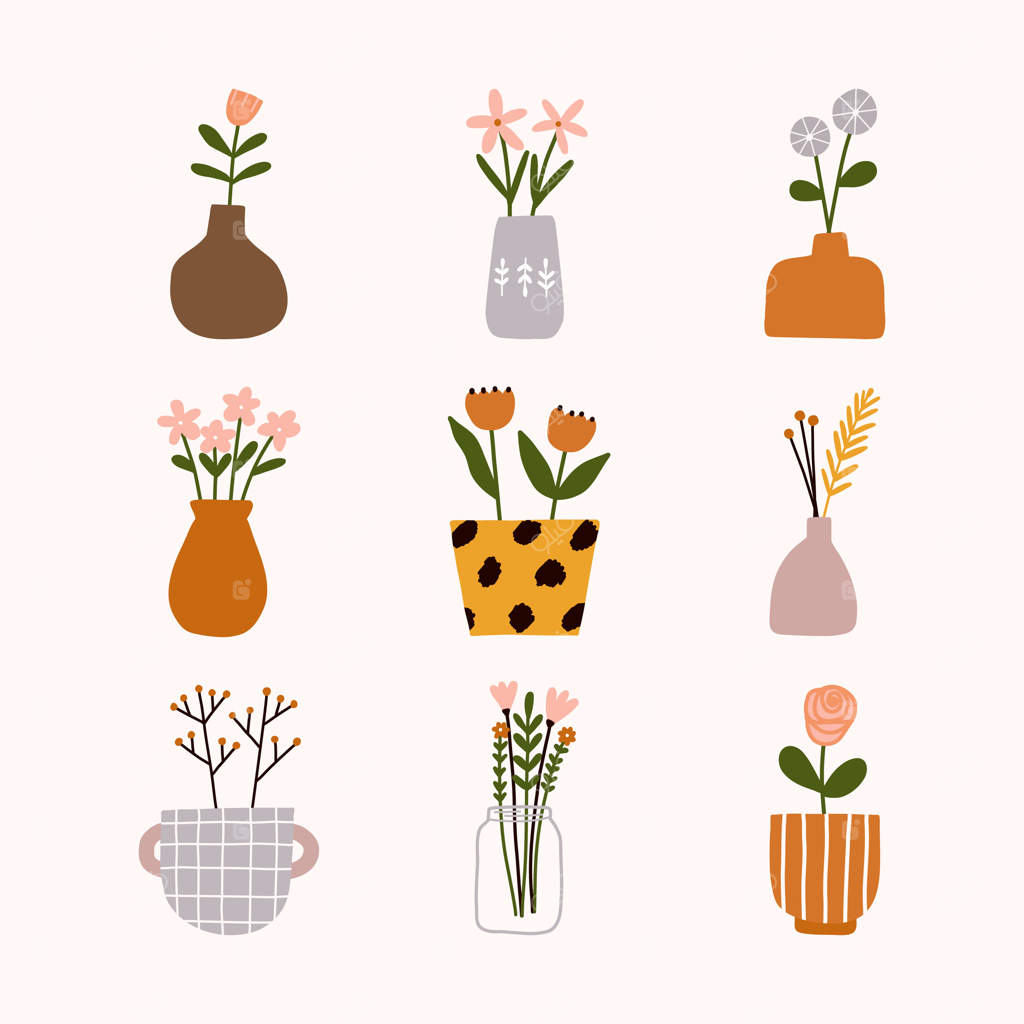 تصویر دست‌کشیده گلدان و کوزه سرامیکی با طراحی انتزاعی به سبک هیگه اسکاندیناوی و تزیین شده با دسته‌گل و شاخه‌های گل‌های وحشی و باغی.